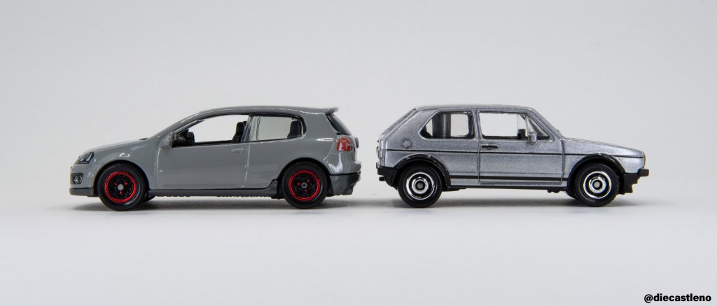 Matchbox Mk5 and Mk2 VW Golf GTI Side View Comparison