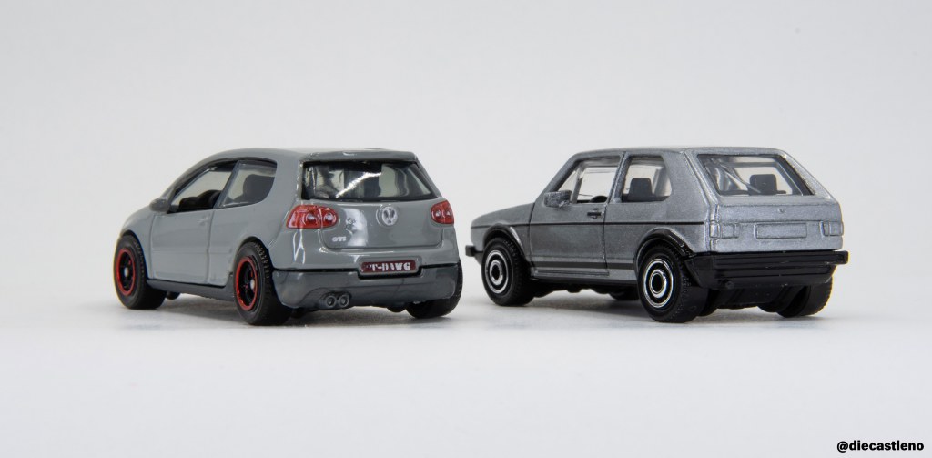 Matchbox Mk2 and Mk5 VW Golf GTI Comparison - Rear 3/4 View