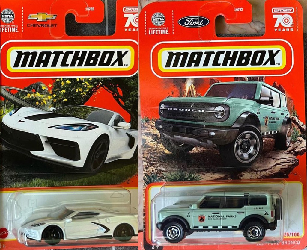 Prototypes of Matchbox Corvette C8 and Bronco in National Parks Livery
